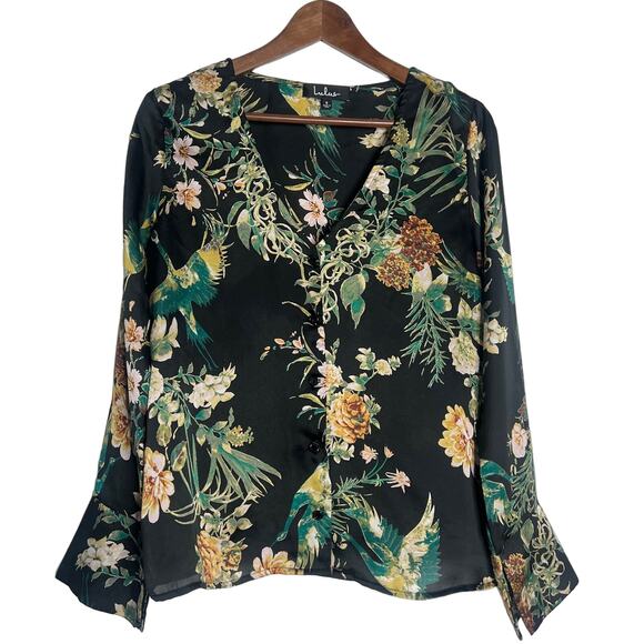 Lulus Darby‎ Floral Shirt Womens Small Dark Charcoal Satin Long Sleeve Going Out - Picture 3 of 11